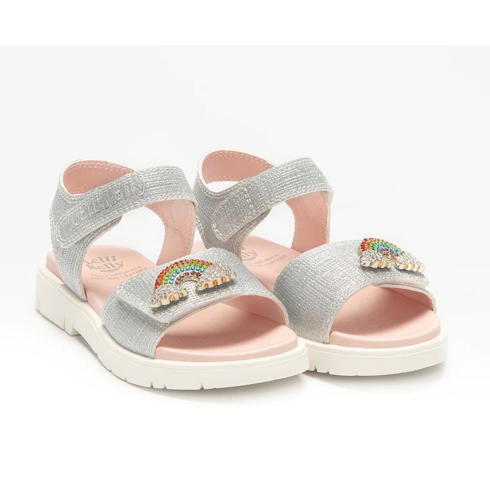 NIB Lelli Kelly Rainbow Sandals Silver Glitter Rhinestone Girls Size US 3 EU 34